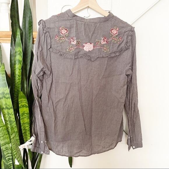 Lucky Brand Button Down grid floral embroidered M - Picture 4 of 5